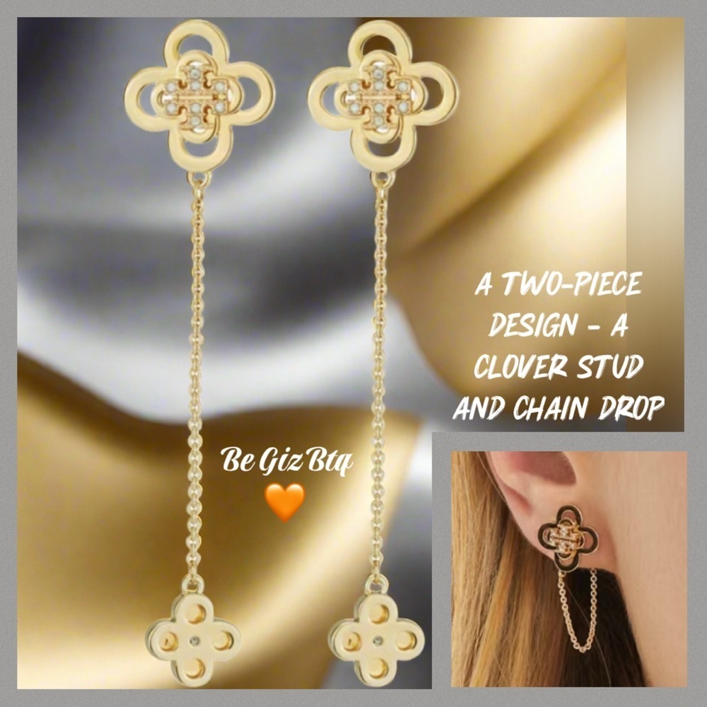 Authentic Tory Burch Kira Clover Front-Back Stud Earrings Gold with Crystals